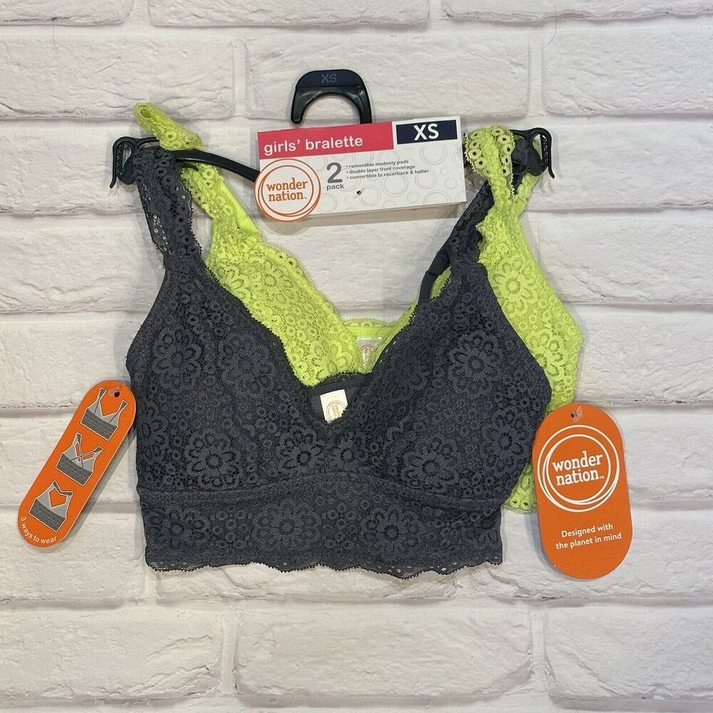 Girls Wonder Nation 2 Pack T-Shirt Bras Size XS 28 Yellow Gray